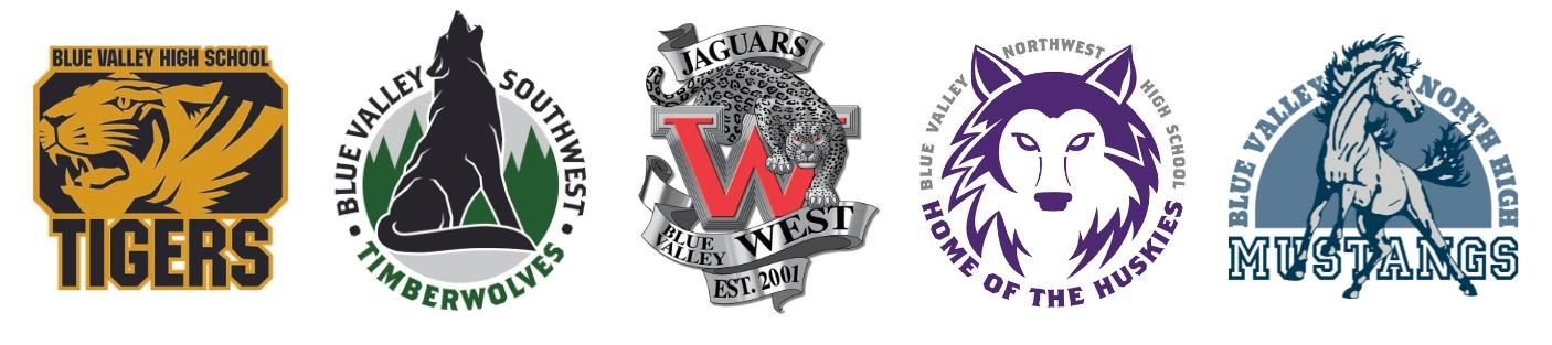 Image of all five Blue Valley high school logos